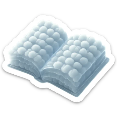 top view of a thick open book made entirely of small, very bright white fluffy convex clouds, matte glass style sticker