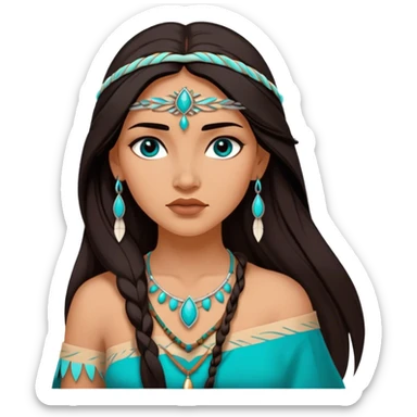 Cinematic Realistic Elegant Pocahontas Portrait, depicted with sun-kissed, warm skin rendered in lifelike detail and soft, natural lighting that accentuates its gentle glow. Her long, flowing dark hair is intricately detailed with natural movement, and her wise, expressive eyes shine with a deep, serene intensity. She is dressed in traditional attire with rich earthy tones and subtle turquoise accents, each fabric fold and texture rendered authentically. The portrait exudes a natural radiance that captures the timeless, indigenous beauty of Pocahontas with depth and authenticity. sticker