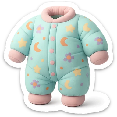 cushion style onesie pajamas with playful patterns, soft and puffy look, pastel colors sticker
