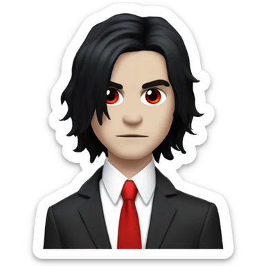 Gerard way with black hair that goes to his shoulder, red suit with a red tie, and red eye makeup, from the three cheers for sweet revenge era sticker