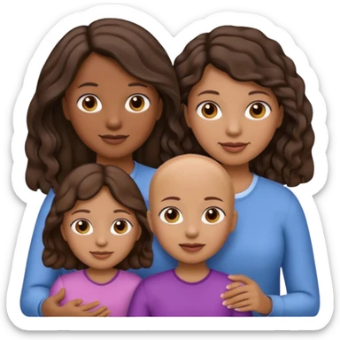 Simple family emoji where the dad is darker skinned and bald, the mom is lighter skinned with brown hair. Also two daughters with one having slightly darker skin and black wavy hair. The other daughter with lighter skin and wavy brown hair. sticker