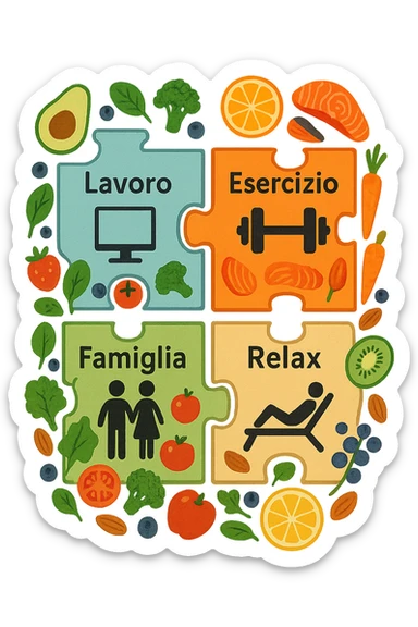 Puzzle (Lavoro, Esercizio, Famiglia, Relax), in lavoro metti icona di un PC, in Esercizio un Manubrio, in Famiglia una famiglia, in Relax qualcuno che riposa and healthy foods are integrated into each piece. in italiano sticker