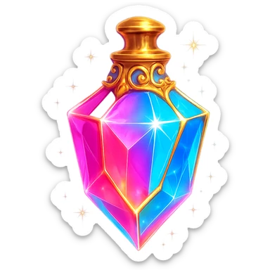 premium crystal elixir bottle in colorful chewing gum style, bright colors, lots of glow, edges, ornaments, golden details, magical effects, very small golden neck, transparent background, beautiful seamless bottom, bottle clearly floating in air, no base or shadow, very luxurious, playful, matching a collection sticker