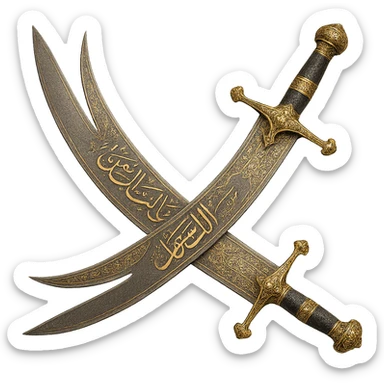 zulfiqar sword, ornate, with Arabic calligraphy, gold and silver accents sticker