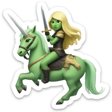 green amazon alien woman on a light yellow unicorn with black mane holding a sword and shield

a green amazon alien woman on a light yellow unicorn with black mane holding a sword and shield sticker