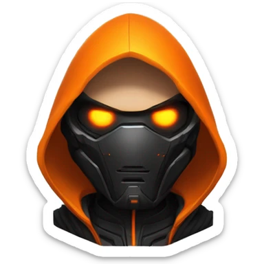  developer behind his laptop with this style : crysis Cyberpunk Valorant orange glowing bright orange character orange black hooded assassin themed character sticker