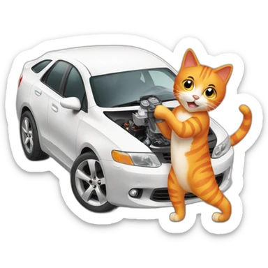 orange cat checking white car engine sticker