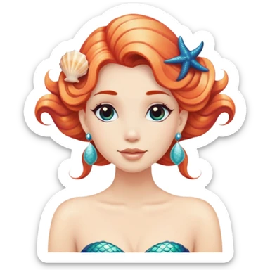 mermaid with seashells in hair, starfish earrings sticker