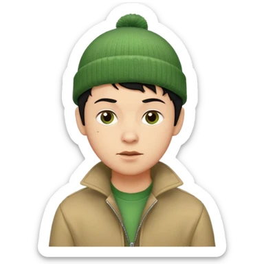 young man with pixie cut black hair, green beenie hat, tan jacket and pork chop sideburns sticker