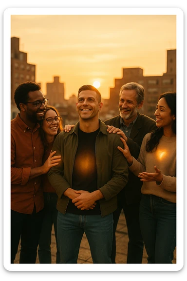 A cinematic scene of a man in his early 30s standing at the center of a sunlit urban rooftop during golden hour, surrounded by a diverse group of supportive, smiling people — friends, mentors, colleagues. They’re standing slightly behind or beside him, hands on his shoulder or gesturing toward him with encouragement. The man looks forward with a confident, inspired expression, body slightly relaxed, as if something inside di lui sta cambiando. The light behind the group forms a halo effect, emphasizing warmth and unity. Subtle visual symbolism: faint glow around their hands and hearts, suggesting their energy is uplifting him. Realistic clothing, modern style — jeans, T-shirts, casual jackets. The mood is inspiring, grounded, and full of potential. Shot in 35mm film style, with rich warm tones, shallow depth of field, and vibrant human detail. sticker