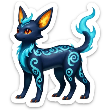 Shiny Fiery Dark Glowing Ethereal Eldritch Cool Edgy Badass Punky Aural Iridescent Fluorescent Bioluminescent Umbreon-Amaura-Salandit-Litten-Flareon-Fakémon-fusion (full body) with intricate pattern markings sticker