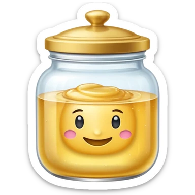 Diseña un emoji de un tarro de cristal elegante con una tapa dorada brillante. Dentro, una textura de mantequilla corporal batida con un suave remolino. Estilo lujoso y minimalista. sticker