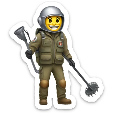 happy deminer holding metal detector looking for landmine sticker
