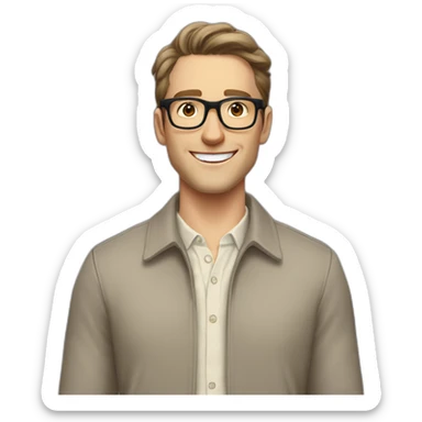 Joyful Pale skinned Fit Man With dark brown hair in gray jacket, beige office shirt, Brown pants and vintage glasses. His thrumbs up sticker