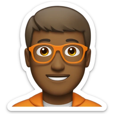 a man with a bowl cut brown squar glasses, a orange jacket sticker