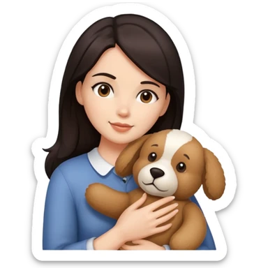 Woman with dark hair holding a teddy bear and pets sticker