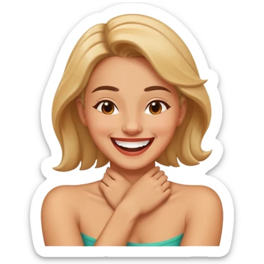 women with arms crossed on neck with a laughing face sticker