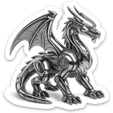 futuristic robotic dragon with chrome finish, exposed machinery, glowing energy lines, 1:1 aspect ratio sticker