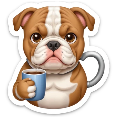 cute English bulldog holding a mug sticker