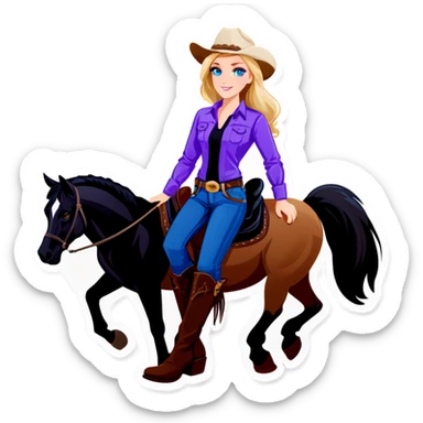 Blonde cowgirl with blue eyes wearing a purple shirt with boots and jeans and a black and white horse with a black Labrador and a brown Labrador  sticker