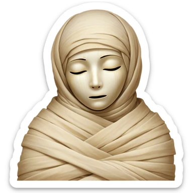 A snug, cozily wrapped mummy, fully encased in soft, slightly loose bandages, even its face gently hidden behind folds with only a tiny glimpse of sleepy eyes, nestled in warm, faded tones with gentle golden accents, simplified yet irresistibly charming, highly detailed with a soft glowing outline capturing the peaceful aura of an ancient being drifting into rest! sticker