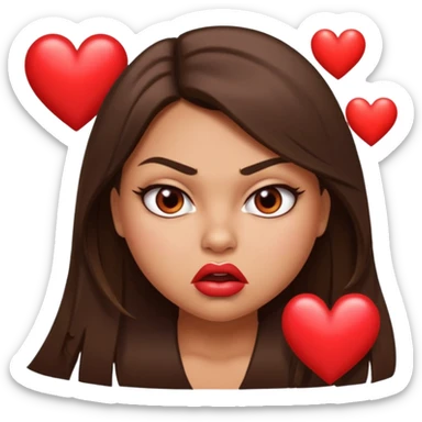 Sexy tanned beautiful girl with plump lips and brunette straight hair with angry looking face but with 3 hearts on top right, middle left and bottom right  sticker