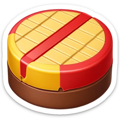 round chocolate bonbon with wafer center and yellow and red wrapper sticker