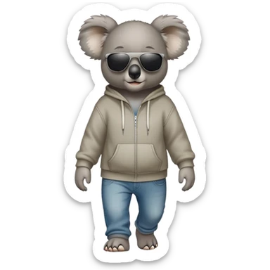anthropomorphised koala full body wearing a hoodie and jeans dark sunglasses walking sticker
