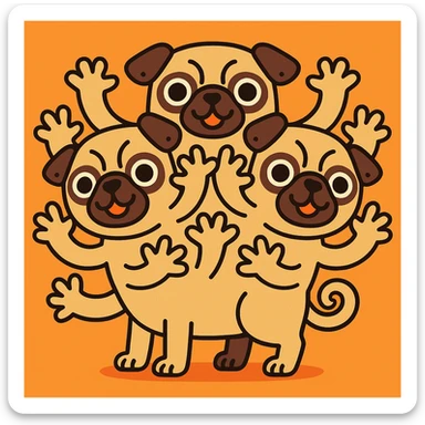 whimsical and clear design of a pug with three heads, each head has three arms coming out of it, and a small divot in each ear sticker