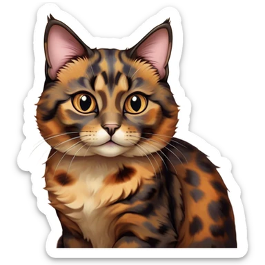 Cinematic Cute Tortoiseshell Cat Portrait Emoji, Head cocked sweetly with bright, curious eyes and a cuddly, mottled fur of rich browns and blacks, simplified yet charmingly adorable, highly detailed, glowing with a warm, gentle radiance, high shine, playful and endearing, styled with a dash of whimsical feline magic, soft glowing outline, capturing the essence of a cute tortoiseshell cat that seems ready to pounce with affectionate mischief! sticker