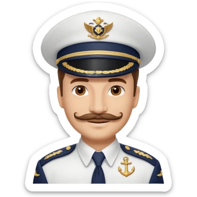 A light-skinned man with brown eyes and another mustache, smiling while wearing a white captain’s hat with a navy emblem. sticker