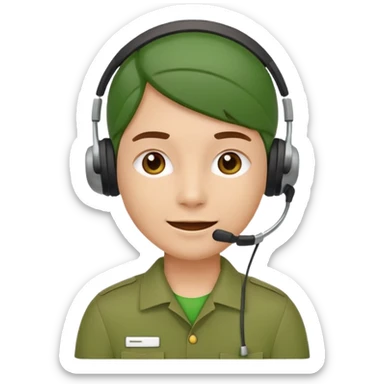 Modern flat emoji of a call center employee in a green uniform with a headset, friendly expression, minimalist design, bright colors, white or transparent background. sticker