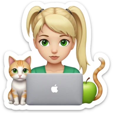 Blonde girl ponytail green eyes with apple MacBook and a cat sticker