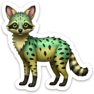 Shiny Green Colorful Dusky Dark Gloomy Glossy Aardwolf-Genet-Bobcat-fusion-animal-hybrid-creature, full body sticker
