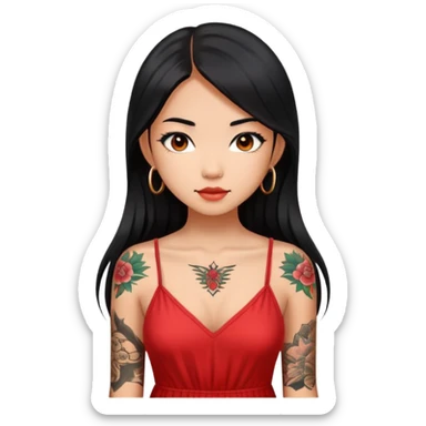 Beautiful Asian girl with long black hair and body tattoos wearing a red sundress sticker