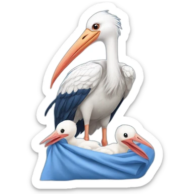 White stork carrying a blue bundle of cloth in its beak that has a human baby with and the human baby head is peeking from the fabric bundle the strok is carrying with its beak sticker