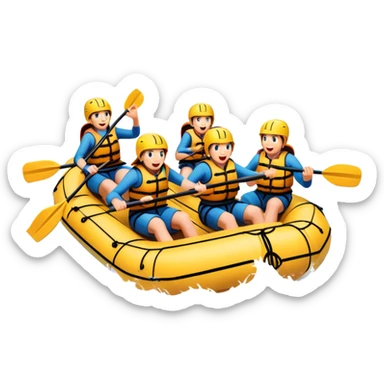 A group of adventurers paddling a raft through wild, fast-moving river rapids. The scene includes splashing water, rugged rocks, and intense action, emphasizing the excitement and teamwork of rafting in challenging conditions. sticker