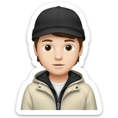 Créame a un chico blanco con gorra negra con el pelo castaño y qué tenga una chaqueta blanca sticker