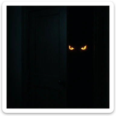 a pair of sinister eyes glowing in the darkness of a slightly open wardrobe, hinting at a hidden boogeyman sticker