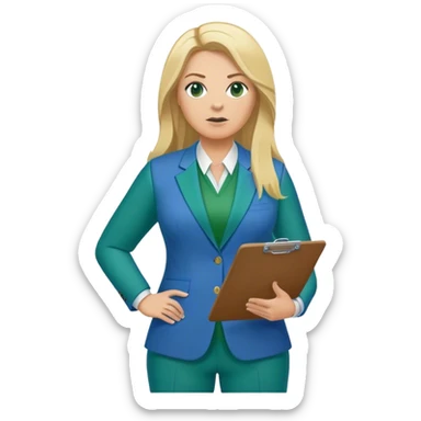Full Body white plus size female basketball head coach coaching using a clipboard with long blonde hair in a blue and green suit sticker
