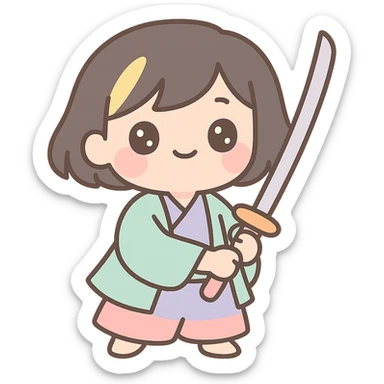 kawaii samurai girl with short hair and one streak of blonde in her hair, cute expression, holding a katana, pastel colors, soft shading sticker
