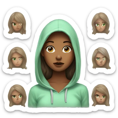 Brown haired girl, brown skin, mint green hoodie, Long lashes, with a confused look on face sticker