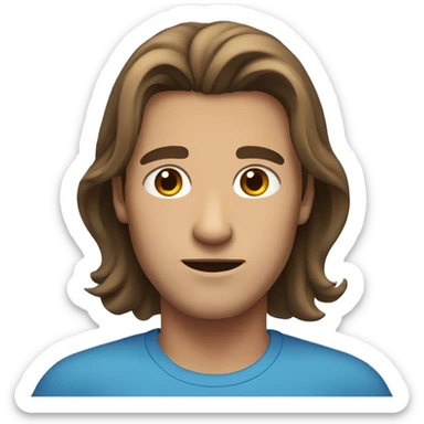 guy with long long hair with blue shirt  and brown eyes, head structure a little bit flat and short sticker