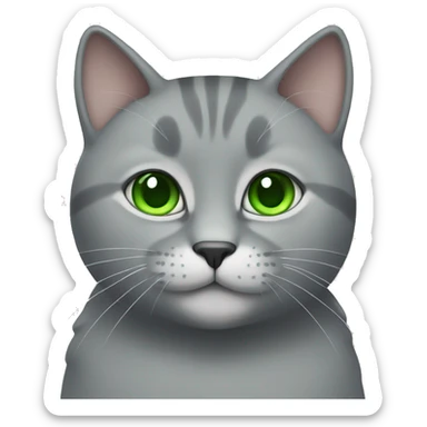 Grey cat with green eyes eating food sticker