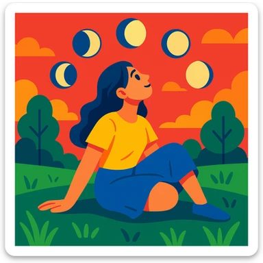 mujer sentada en el césped en un parque, cielo rojizo, mirando hacia arriba, lunas de las 4 fases alrededor, estilo cartoon colorido, vibrante y alegre sticker