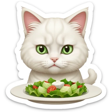 grumpy white cat sitting at a table, looking confused with its ears slightly back. In front of the cat is a plate with a salad with mouth a little open, and disagreement in the cat's face sticker