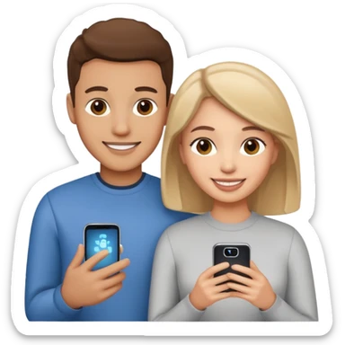 Generate a realistic emoji of a two people using a phone which shows artificial intelligence sticker