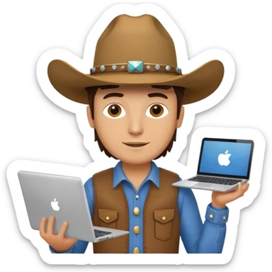cowboy coder with a laptop infront and he is white sticker