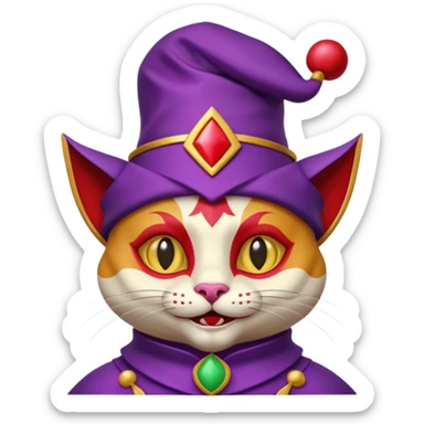 crazy colorful cute little cat jolly joker from poker, medieval, vintage, court jester, mac os icon, purple, gold and red color, half body. Squared shape as 3D mac os icon, skeuomorphic sticker