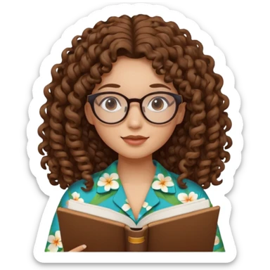Hawaïen skin tone young lady with curly ringlets long brown hair studying. She is wearing glasses and has a round shaped face sticker